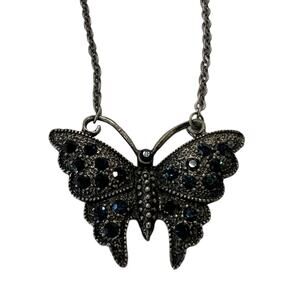 Butterfly Pendant Necklace Dark Blue Rhinestone Gunmetal Gothic Style